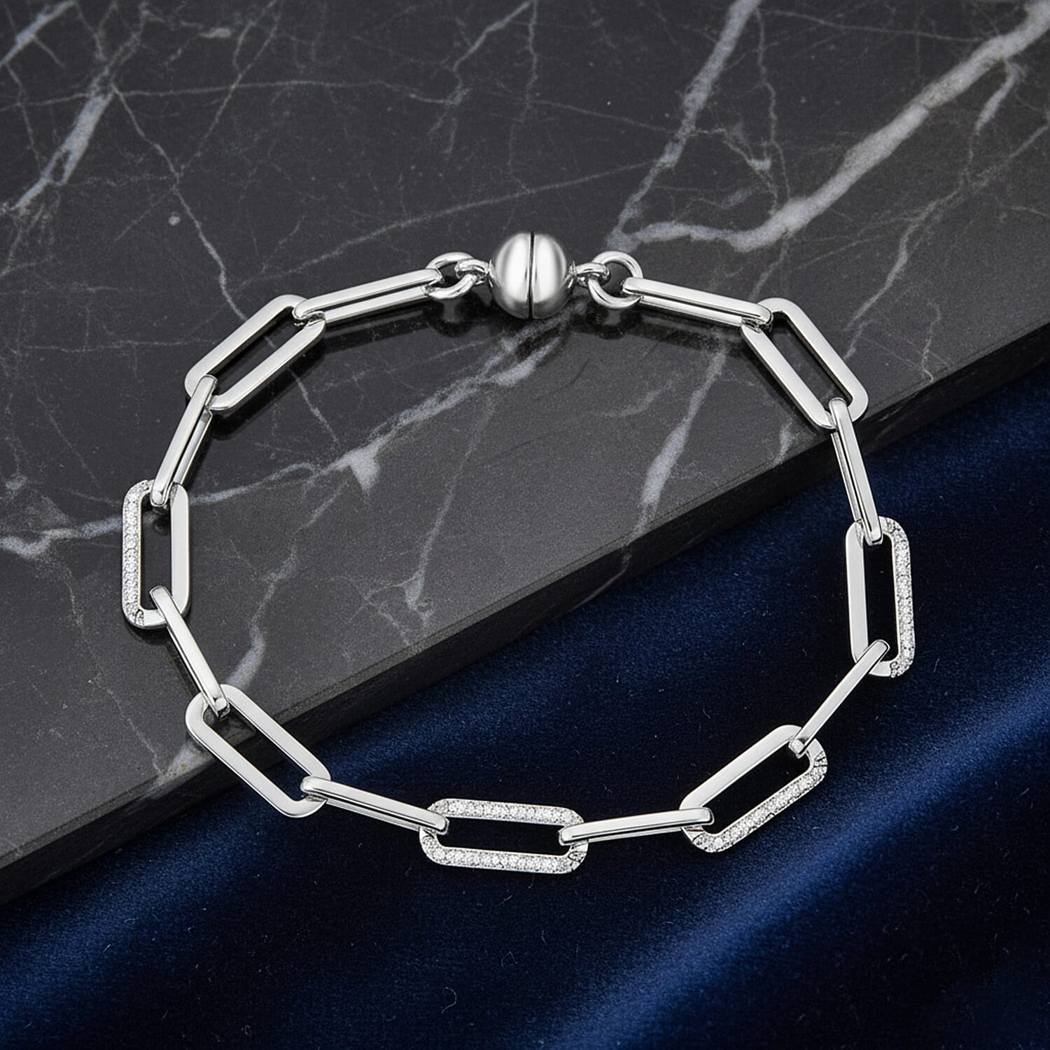 One Time Deal - Natural White Diamond Bracelet (Size - 7.5) with Magnetic Clasp in Rhodium Overlay Sterling Silver, Silver Wt. 8.52 Gms.